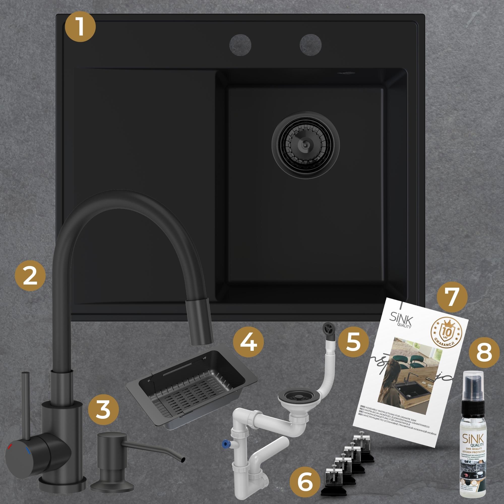 Zestaw gotowy do montażu - zlew, bateria, dozownik, mata, syfon, zaczepy, instrukcja, gwarancja, impregnat